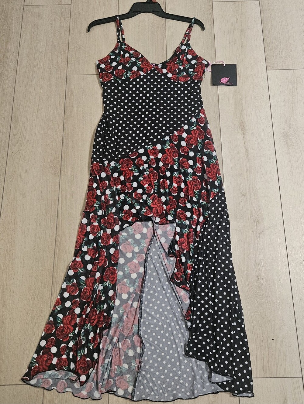Betsey Johnson Floral & Polka Dot Black Red Maxi Dress Size Large New